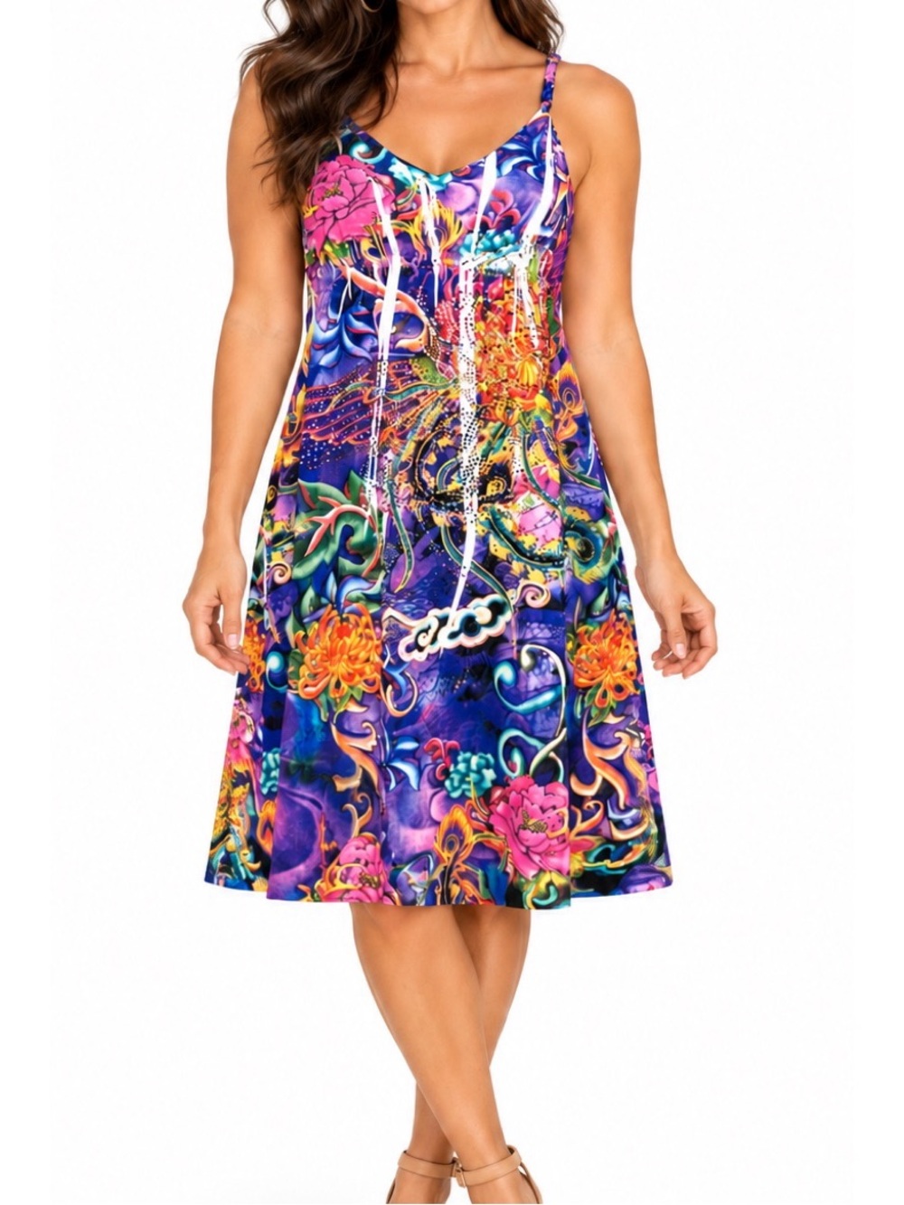 Ocean Breeze Colorful Abstract Floral Spaghetti Strap Dress, size Large